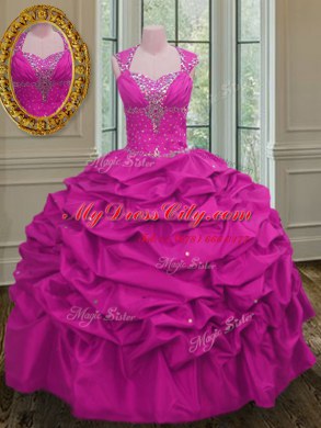 Straps Fuchsia Cap Sleeves Floor Length Beading and Pick Ups Lace Up Sweet 16 Quinceanera Dress