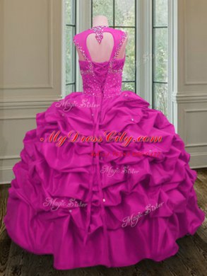 Straps Fuchsia Cap Sleeves Floor Length Beading and Pick Ups Lace Up Sweet 16 Quinceanera Dress