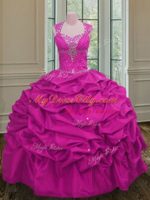 Straps Fuchsia Cap Sleeves Floor Length Beading and Pick Ups Lace Up Sweet 16 Quinceanera Dress