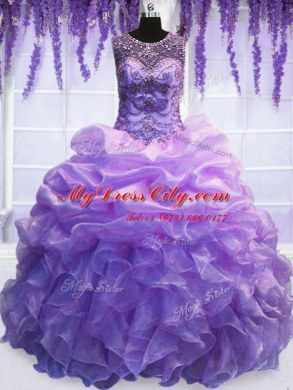 Scoop Floor Length Lavender Vestidos de Quinceanera Organza Sleeveless Beading and Pick Ups
