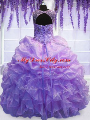 Scoop Floor Length Lavender Vestidos de Quinceanera Organza Sleeveless Beading and Pick Ups
