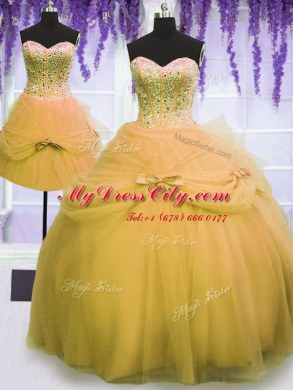 Three Piece Gold Tulle Lace Up Sweet 16 Dress Sleeveless Floor Length Beading and Bowknot