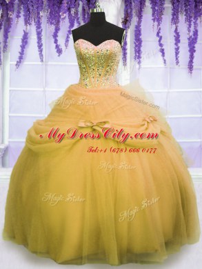 Three Piece Gold Tulle Lace Up Sweet 16 Dress Sleeveless Floor Length Beading and Bowknot