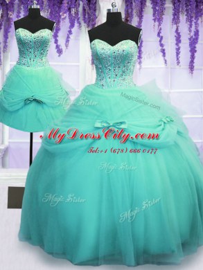 Three Piece Aqua Blue Sweet 16 Quinceanera Dress Military Ball and Sweet 16 and Quinceanera and For with Beading and Bowknot Sweetheart Sleeveless Lace Up