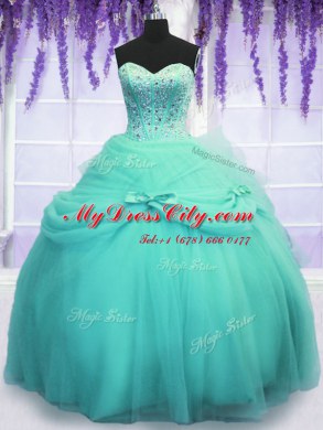 Three Piece Aqua Blue Sweet 16 Quinceanera Dress Military Ball and Sweet 16 and Quinceanera and For with Beading and Bowknot Sweetheart Sleeveless Lace Up