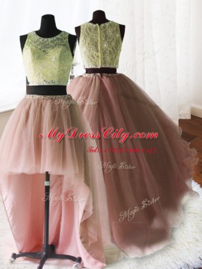 Smart Three Piece Scoop Organza and Tulle and Lace Sleeveless With Train Vestidos de Quinceanera Brush Train and Beading and Lace and Ruffles