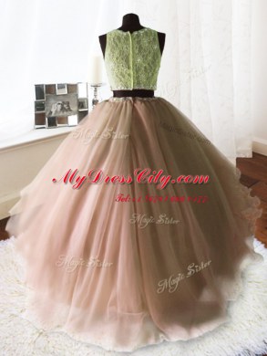 Smart Three Piece Scoop Organza and Tulle and Lace Sleeveless With Train Vestidos de Quinceanera Brush Train and Beading and Lace and Ruffles