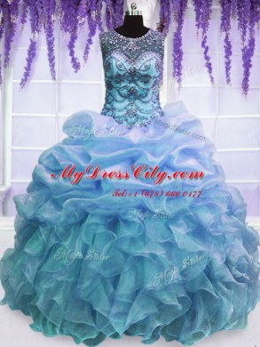 Dazzling Blue Ball Gowns Organza Scoop Sleeveless Beading and Pick Ups Floor Length Lace Up Quinceanera Gowns