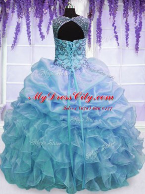 Dazzling Blue Ball Gowns Organza Scoop Sleeveless Beading and Pick Ups Floor Length Lace Up Quinceanera Gowns
