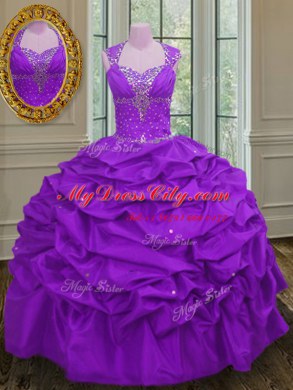Purple Ball Gowns Straps Sleeveless Taffeta Floor Length Lace Up Beading and Pick Ups Ball Gown Prom Dress