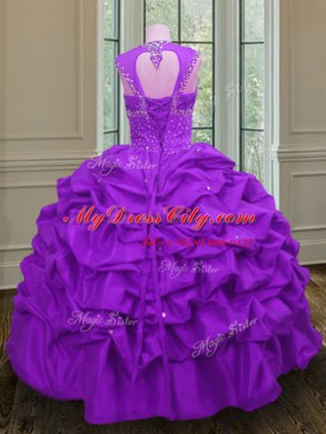 Purple Ball Gowns Straps Sleeveless Taffeta Floor Length Lace Up Beading and Pick Ups Ball Gown Prom Dress