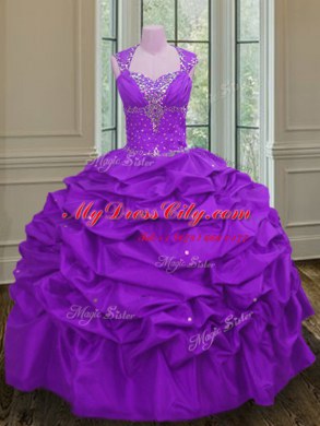 Purple Ball Gowns Straps Sleeveless Taffeta Floor Length Lace Up Beading and Pick Ups Ball Gown Prom Dress