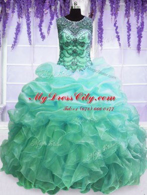 Edgy Scoop Floor Length Lace Up Vestidos de Quinceanera Turquoise for Military Ball and Sweet 16 and Quinceanera with Beading and Pick Ups