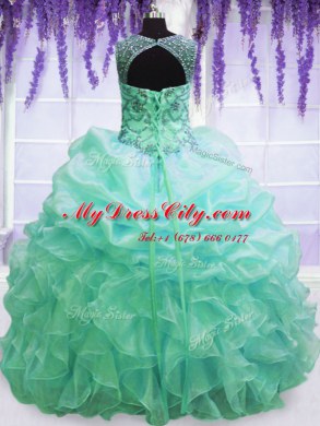 Edgy Scoop Floor Length Lace Up Vestidos de Quinceanera Turquoise for Military Ball and Sweet 16 and Quinceanera with Beading and Pick Ups