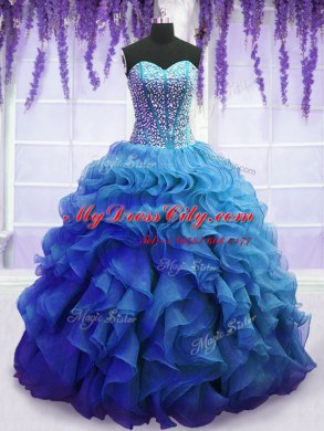Simple Blue Lace Up Sweetheart Beading and Ruffles Vestidos de Quinceanera Organza Sleeveless
