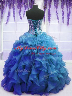 Simple Blue Lace Up Sweetheart Beading and Ruffles Vestidos de Quinceanera Organza Sleeveless