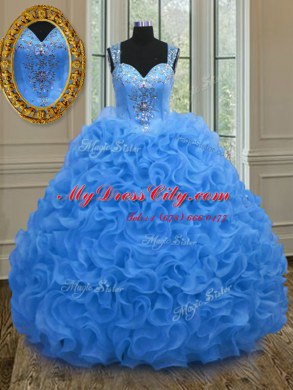Suitable Blue Sweet 16 Quinceanera Dress Military Ball and Sweet 16 and Quinceanera and For with Beading and Ruffles Straps Sleeveless Zipper