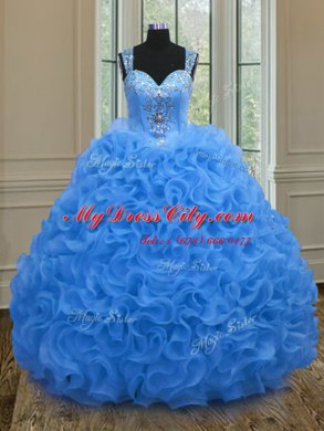Suitable Blue Sweet 16 Quinceanera Dress Military Ball and Sweet 16 and Quinceanera and For with Beading and Ruffles Straps Sleeveless Zipper