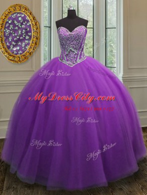 Dramatic Beading Ball Gown Prom Dress Eggplant Purple Lace Up Sleeveless Floor Length
