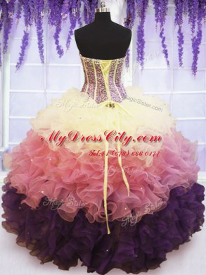 Sophisticated Sweetheart Sleeveless 15 Quinceanera Dress Floor Length Beading and Ruffles and Ruffled Layers Multi-color Organza