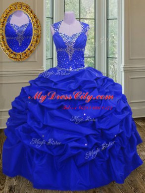 Flare Straps Royal Blue Ball Gowns Beading and Pick Ups Ball Gown Prom Dress Lace Up Taffeta Sleeveless Floor Length