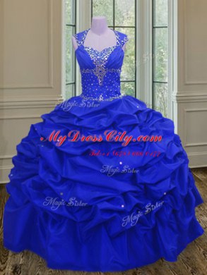 Flare Straps Royal Blue Ball Gowns Beading and Pick Ups Ball Gown Prom Dress Lace Up Taffeta Sleeveless Floor Length