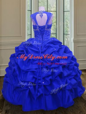 Flare Straps Royal Blue Ball Gowns Beading and Pick Ups Ball Gown Prom Dress Lace Up Taffeta Sleeveless Floor Length