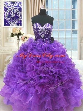 Most Popular Purple Ball Gowns Organza Sweetheart Sleeveless Beading and Ruffles Floor Length Lace Up Vestidos de Quinceanera