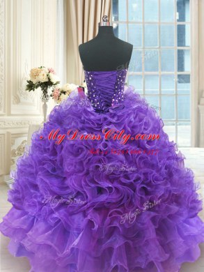 Most Popular Purple Ball Gowns Organza Sweetheart Sleeveless Beading and Ruffles Floor Length Lace Up Vestidos de Quinceanera