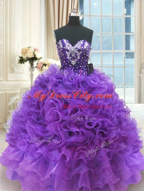 Most Popular Purple Ball Gowns Organza Sweetheart Sleeveless Beading and Ruffles Floor Length Lace Up Vestidos de Quinceanera