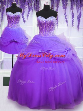 Three Piece Sweetheart Sleeveless Lace Up Sweet 16 Dresses Purple Tulle