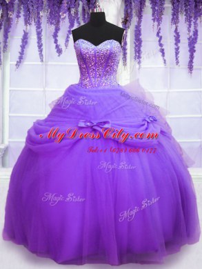 Three Piece Sweetheart Sleeveless Lace Up Sweet 16 Dresses Purple Tulle