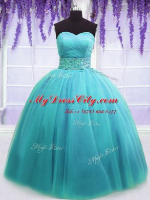 Sleeveless Floor Length Belt Lace Up Sweet 16 Quinceanera Dress with Blue