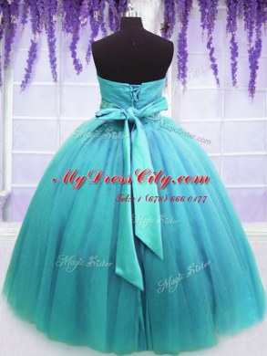 Sleeveless Floor Length Belt Lace Up Sweet 16 Quinceanera Dress with Blue