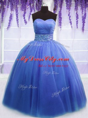 Blue Ball Gowns Tulle Sweetheart Sleeveless Beading and Belt Floor Length Lace Up Quinceanera Gown