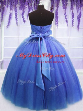 Blue Ball Gowns Tulle Sweetheart Sleeveless Beading and Belt Floor Length Lace Up Quinceanera Gown