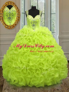 Straps Sleeveless 15th Birthday Dress Floor Length Beading and Ruffles Yellow Green Organza