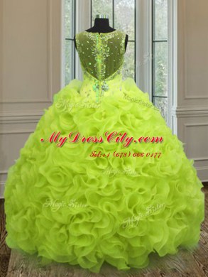 Straps Sleeveless 15th Birthday Dress Floor Length Beading and Ruffles Yellow Green Organza