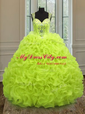 Straps Sleeveless 15th Birthday Dress Floor Length Beading and Ruffles Yellow Green Organza