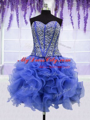 Shining Four Piece Royal Blue Lace Up Sweetheart Ruffles and Sequins Quinceanera Dresses Organza Sleeveless