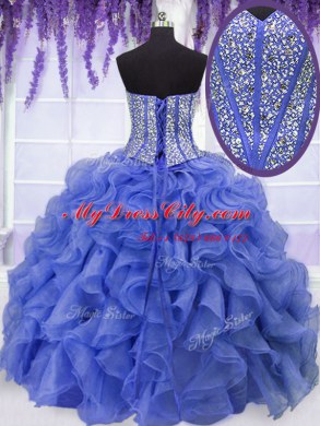 Shining Four Piece Royal Blue Lace Up Sweetheart Ruffles and Sequins Quinceanera Dresses Organza Sleeveless