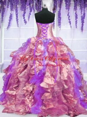 Four Piece Sleeveless Floor Length Embroidery and Ruffles Lace Up Quince Ball Gowns with Pink