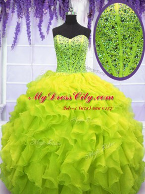 Delicate Yellow Green Sleeveless Beading and Ruffles Floor Length Quinceanera Dresses