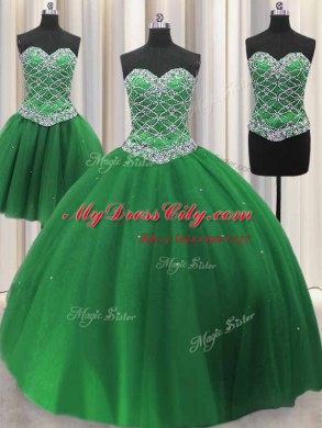 Three Piece Sequins Ball Gowns Quinceanera Dress Green Sweetheart Tulle Sleeveless Floor Length Lace Up