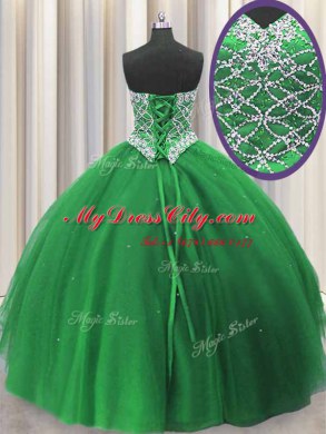 Three Piece Sequins Ball Gowns Quinceanera Dress Green Sweetheart Tulle Sleeveless Floor Length Lace Up