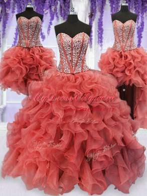 Sexy Four Piece Coral Red Sleeveless Floor Length Beading and Ruffles Lace Up Quinceanera Dresses