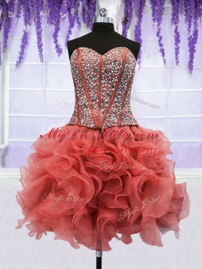 Sexy Four Piece Coral Red Sleeveless Floor Length Beading and Ruffles Lace Up Quinceanera Dresses