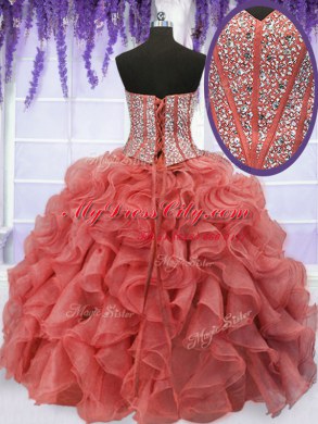 Sexy Four Piece Coral Red Sleeveless Floor Length Beading and Ruffles Lace Up Quinceanera Dresses