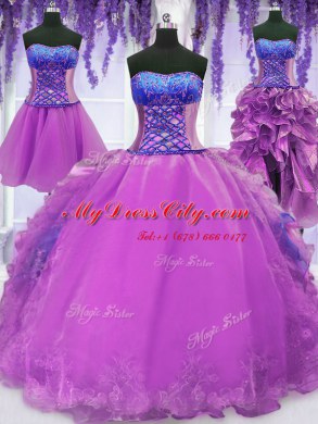 Fancy Four Piece Sleeveless Organza Floor Length Lace Up Quince Ball Gowns in Purple with Embroidery and Ruffles