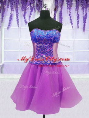 Fancy Four Piece Sleeveless Organza Floor Length Lace Up Quince Ball Gowns in Purple with Embroidery and Ruffles